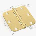 AmzGod Satin Brass Door Hinges - 12 Pack Gold Door Hinges 3.5 Inch Rounded Interior Door Hinge with 5/8" Radius - 3 1/2 Inches Flat Iron Brass Hinges for Residential Standard Doors