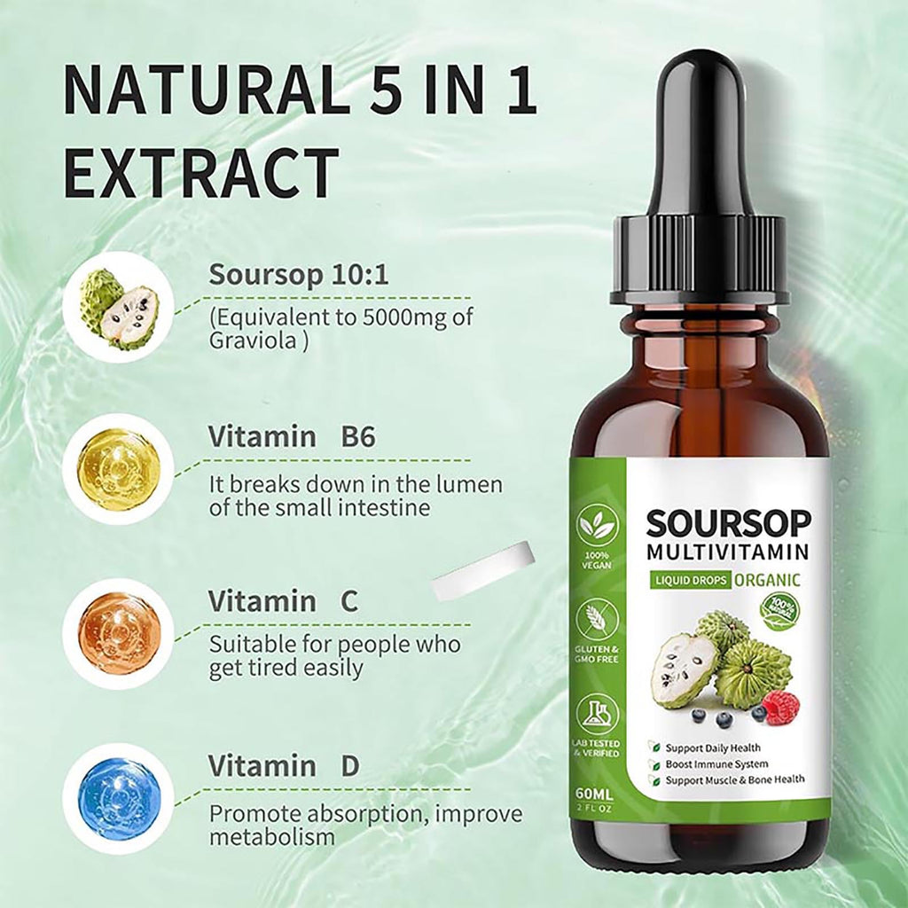 bogomo Soursop Bitters Liquid 2 Fl Oz, Soursop Graviola Leaf Extract Liquid Drop, Soursop Multivitamin Liquid Drops Organic for Cell Support, Immune System, Relax