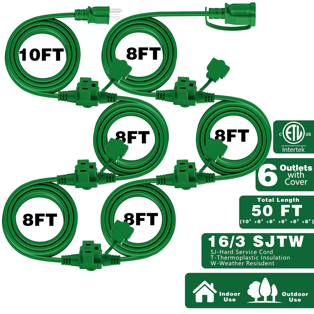 K KASONIC Outdoor Extension Cord 50 FT, Evenly Spaced 6 Outlets, Green