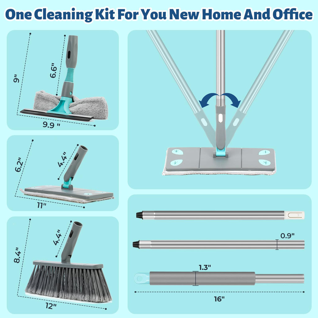 3-in-1 Detachable Broom and Mop Set Combo for House Cleaning, Collapsible Broom and Mop for RV Camping, Home, Dorm, Extension Pole, Window Squeegee, Grey