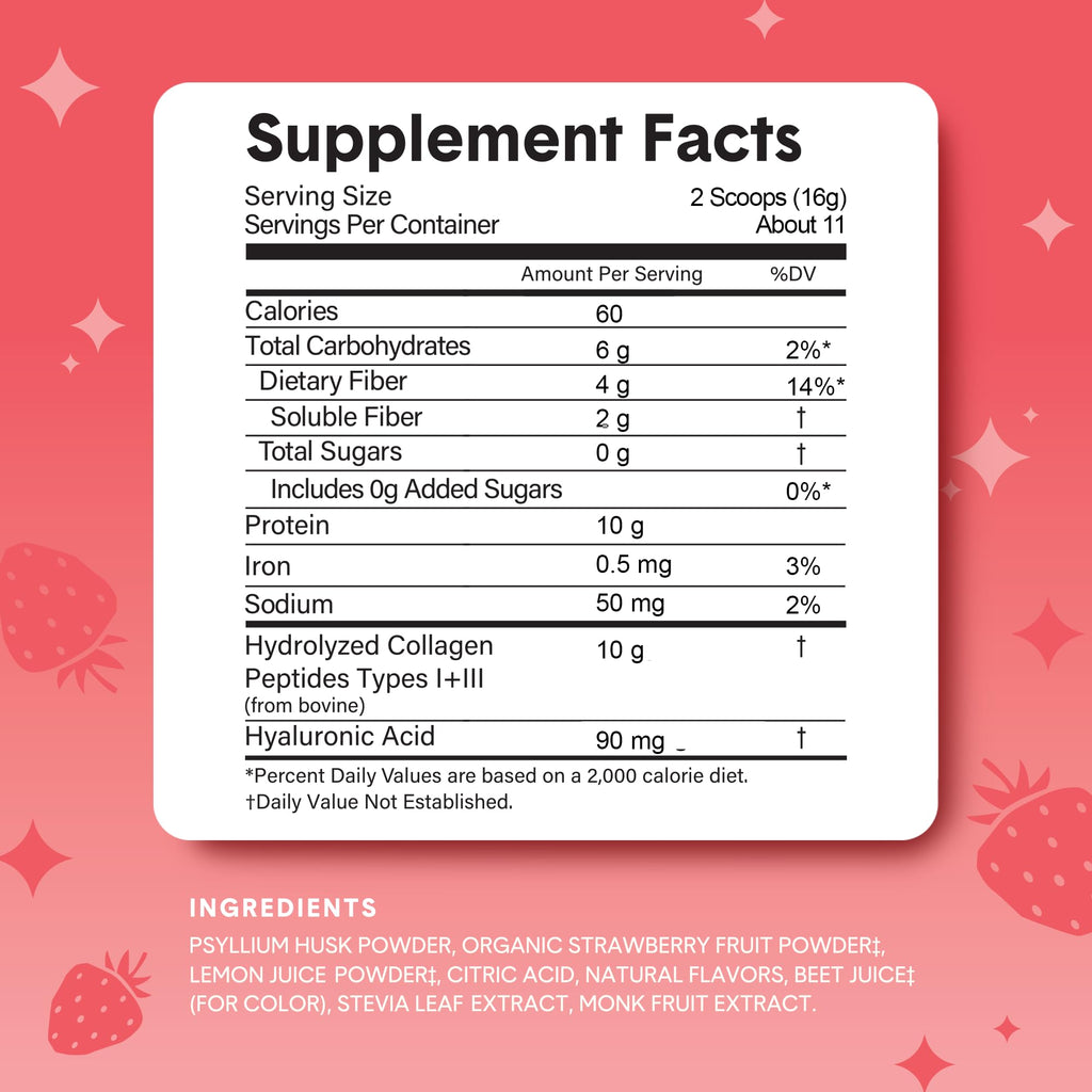 Bellway Super Fiber Powder + Collagen, Sugar-Free Psyllium Husk Powder with Collagen Peptides and Hyaluronic Acid for Gut Health, Healthy Skin, Nails, Bones & Joints, Strawberry Lemonade (11 Servings)
