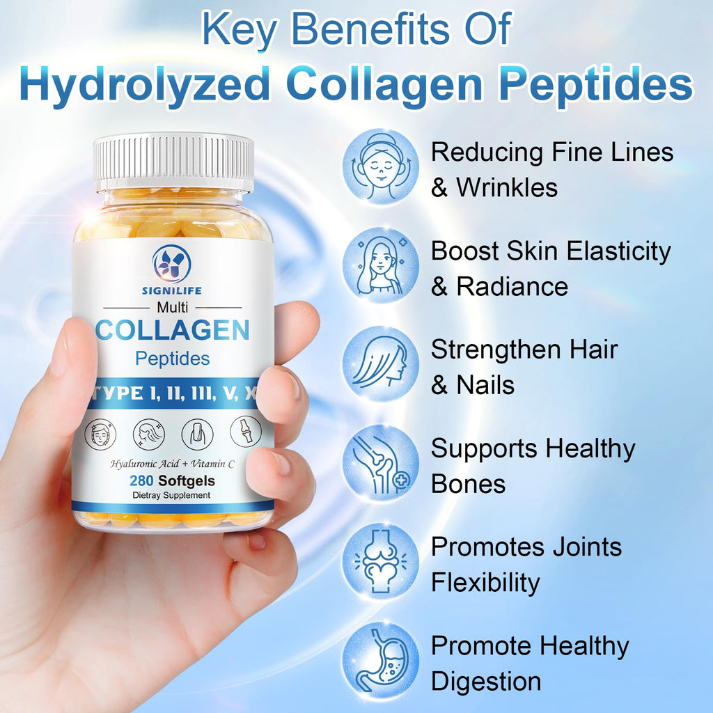 SIGNILIFE Multi Collagen Peptides for Women & Men, Hydrolyzed Collagen Peptides-Type I, II, III, V, X - with Hyaluronic Acid,Vitamin C,Biotin,Supports Skin Hair Nail, Non-GMO, 280 Softgels
