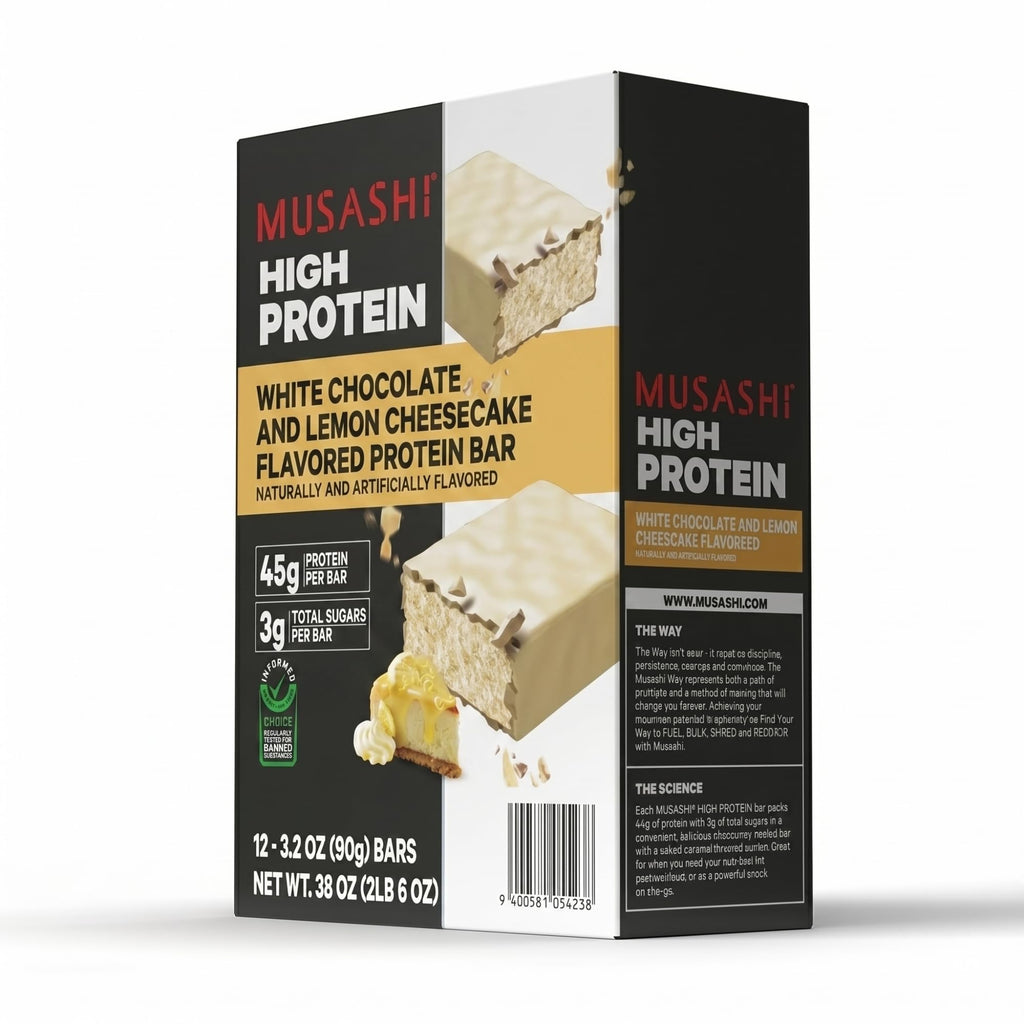 MUSASHI High Protein Bar, 44g Protein, 3.7g Total Sugars, Lemon Cheesecake, Post Workout and Protein Snack On The Go, 12 Pack of 3.2oz (90g) Bars