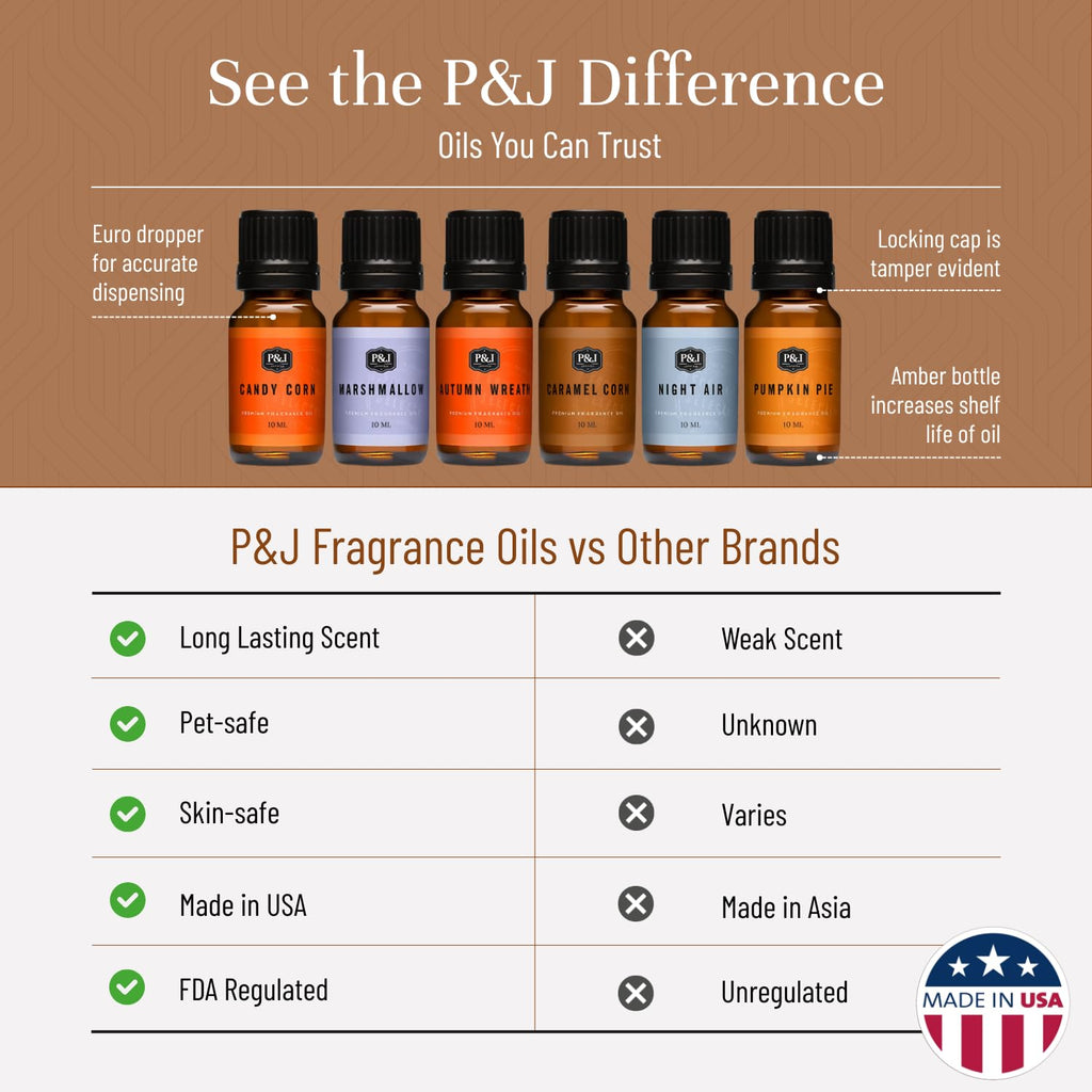 P&J Fragrance Oil Halloween Set | Autumn Wreath, Pumpkin Pie, Candy Corn, Marshmallow, Night Air, and Caramel Corn Candle Freshie Scent for Candle Making, Soap Making Supplies