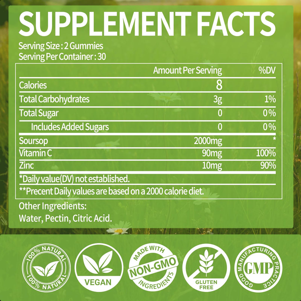OALSE （2 Pack） Soursop Graviola Gummies, Sour SOP Leaves & Fruit Extract Plus Vitamin C and Zinc, Soursop Bitters for Immune Support, (120 Count) - Sugar Free, Vegan, Gluten Free