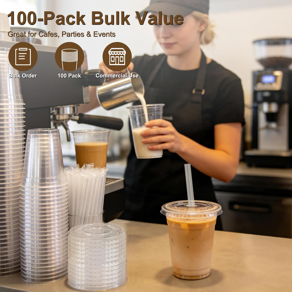 Lideropa 100 Pack 16oz Clear Plastic Cups with Lids and Straws, Leak-Proof Disposable Iced Coffee Cups, BPA-Free Recyclable PET To-Go Cups for Smoothies & Cold Drinks