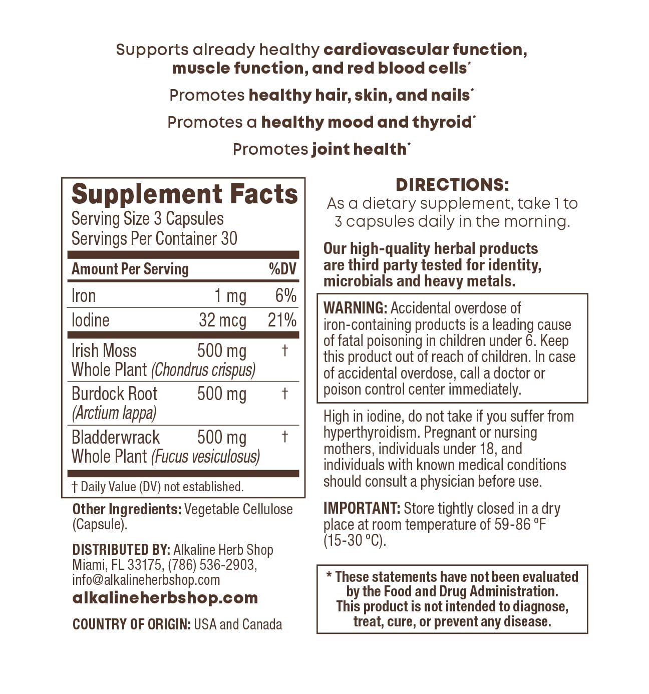Alkaline Herb Store Sea Moss, Burdock Root, & Bladderwrack Supplement 90 Capsules