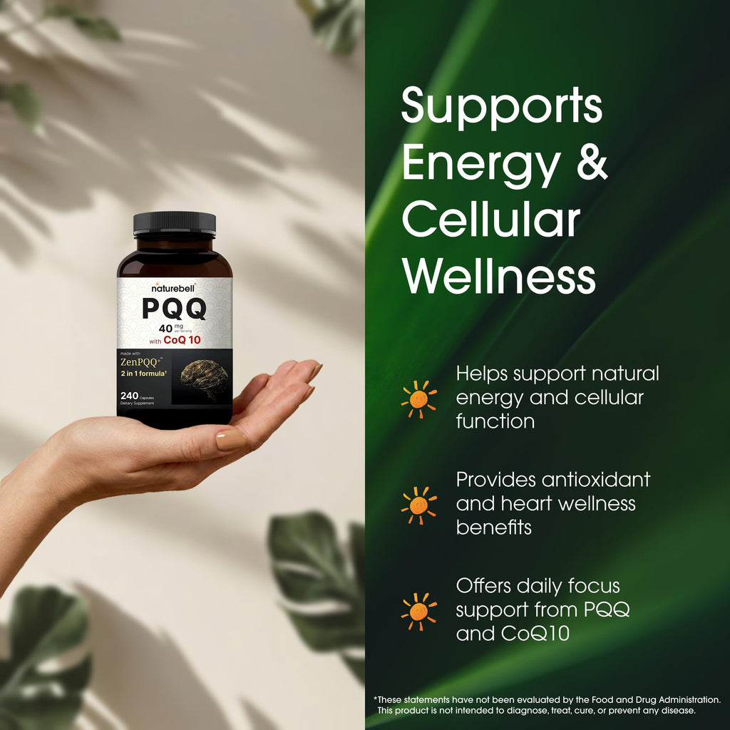 NatureBell PQQ with CoQ10-240 Capsules - 40mg Active PQQ with 10mg Coenzyme Q10 - Cellular Energy & Cognitive Function Support - Antioxidant Nutrients for Heart & Brain Health*