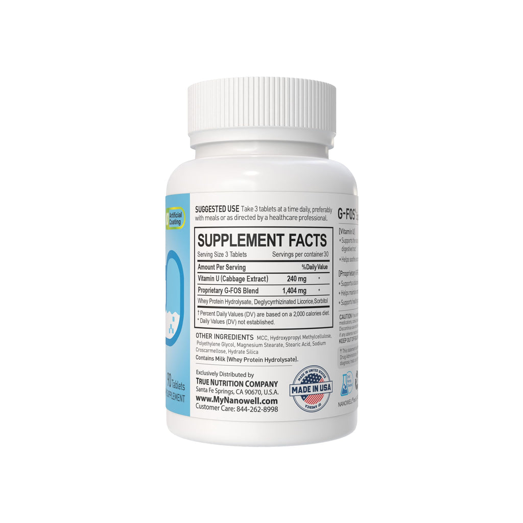 NANOWELL G-FOS Digestive Health Supplement, Vitamin U - 90 Tablets X 2 Bottles for 2 Months (180 Count)
