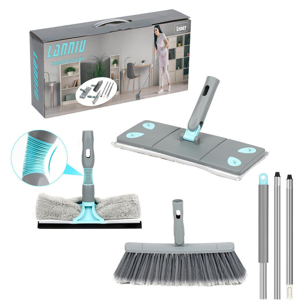 3-in-1 Detachable Broom and Mop Set Combo for House Cleaning, Collapsible Broom and Mop for RV Camping, Home, Dorm, Extension Pole, Window Squeegee, Grey
