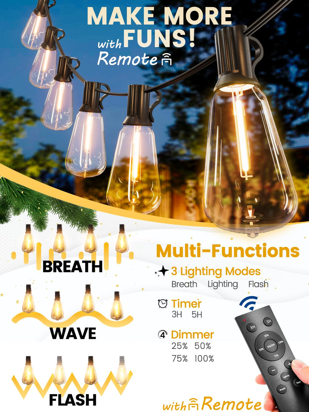 SEVSONSNZZ 100FT Outdoor String Lights with Remote & Dimmer, Waterproof Patio Lights Commercial Grade ST38 LED - Shatterproof Edison Bulbs, Vintage Hanging Lighting for Backyard Garden Party