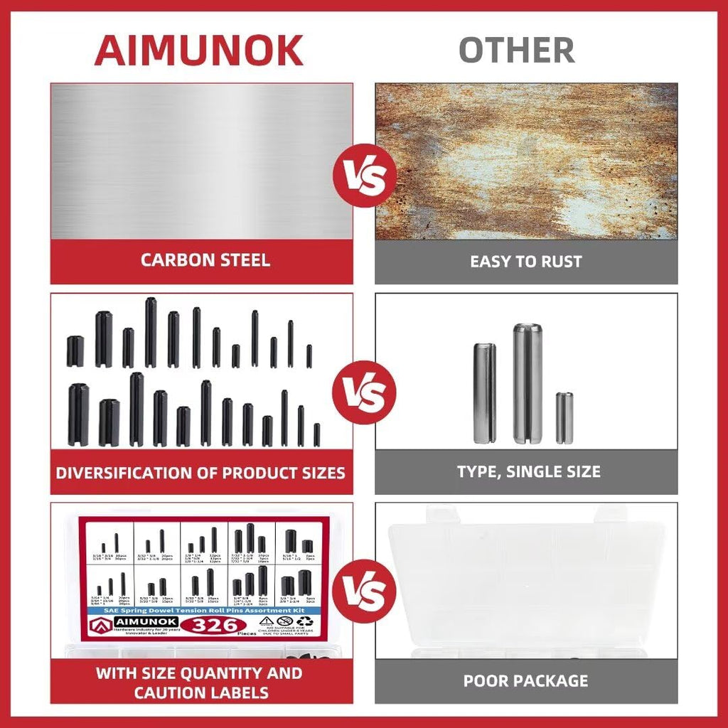 AIMUNOK 326PCS Roll Pin Set - 24 Sizes Spring Dowel Tension Roll Pins - 1/8 1/4 3/8 1/16 5/64 3/32 5/16 5/32 7/32 Split Expansion Pin Assortment Kit for Home Improvement