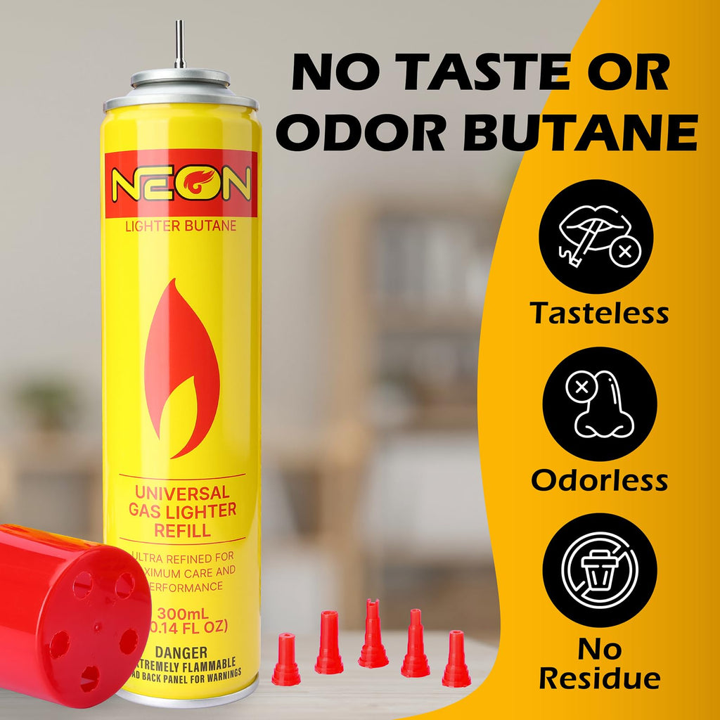 NEON Butane Fuel Refill, 300ml x 4 Cans Ultra Refined Lighter Fluid, Premium 99.999% Pure Butane Gas with Metal Nozzle and 5 Butane Adapter Tips for Torch Lighter, Kitchen Torches, Refillable Lighters