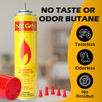 NEON Butane Fuel Refill, 300ml x 4 Cans Ultra Refined Lighter Fluid, Premium 99.999% Pure Butane Gas with Metal Nozzle and 5 Butane Adapter Tips for Torch Lighter, Kitchen Torches, Refillable Lighters