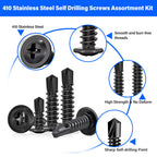 450PCS Self Tapping Screws for Metal, 410 Stainless Steel Self Drilling Screws #8#10 Truss Head Sheet Metal Screws Assortment Kits, Length 1/2"" to 1-1/4'' (Black)