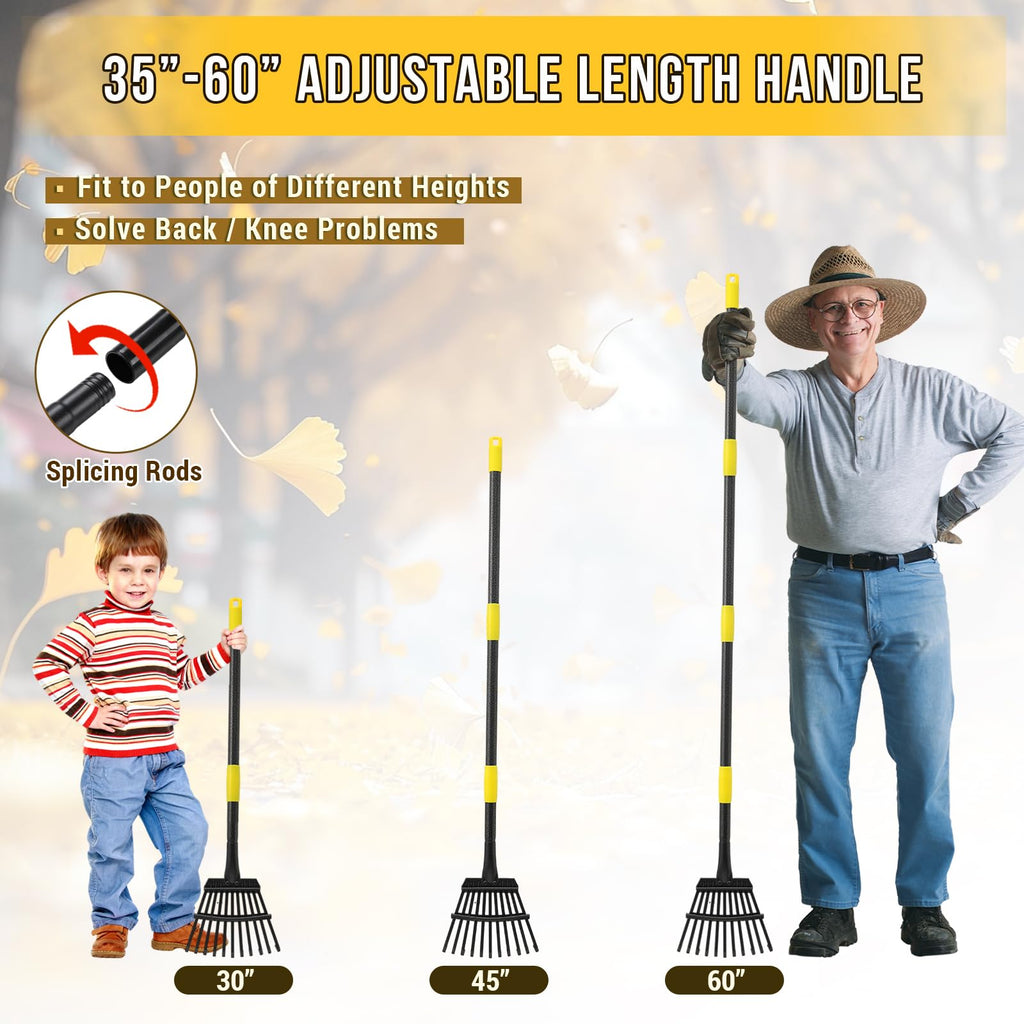 Leaf Rake, Small Rake for Leaves with 30"-60" Adjustable Long Handle, 11 Tines 8.5" Wide, Metal Rakes Heavy Duty for Lawns, Gardening, Yard, Camping, Shrub, Grass, Bush, Weed, Debris