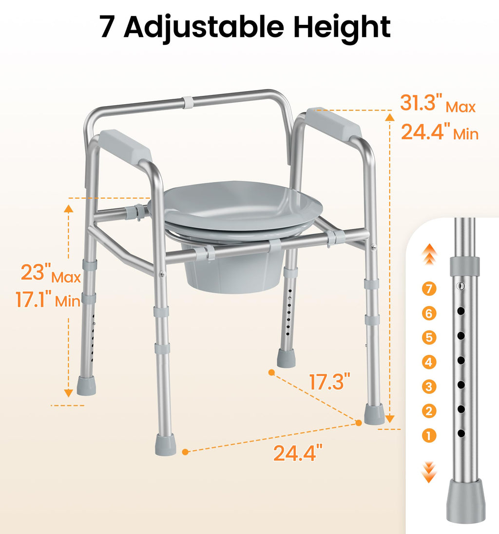 Soundfuse 3 in 1 Bedside Commode Chair, Sturdy Dual-Crossbar Support, 350 Lbs Weight Capacity, Bedside Commode for Seniors with 7.5Qt Bucket, Portable Potty Chair for Adults, Silver