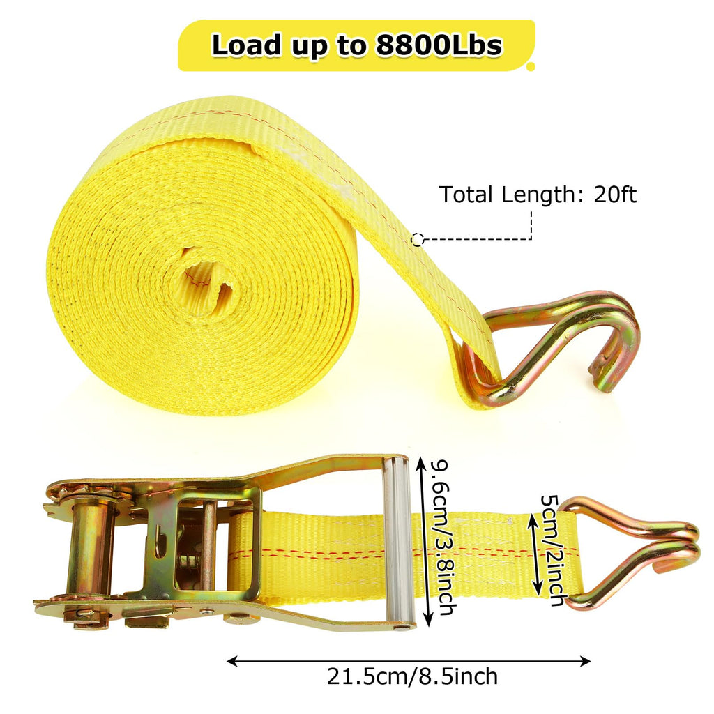 4 Pack 2 Inch Ratchet Straps Heavy Duty 20ft Tie Down Straps Ratchet with Double J Hook, 10000 LBS Break Strength, Cargo Ratchet Straps for Moving, Truck, Trailers, Motorcycles, Kayaks, Car Roof