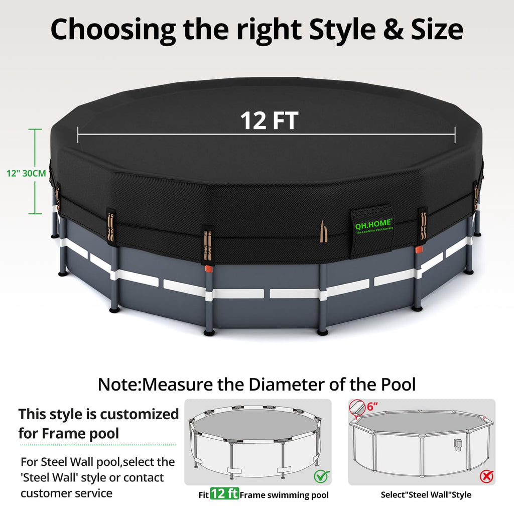 QH.HOME 550D 12 ft Pool Cover Round[Upgraded Tear Resistant & Quadruple Windproof] wth Pre-Installed Patented Winch and Rope, Pool Covers for Above Ground Pools-Snug Fit & Waterproof Protection
