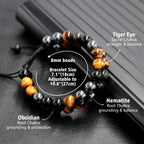 GENASTO Healing Crystals Tigers Eye Black Obsidian Hematite 8mm Stone Beads Good Luck Triple Protection Bracelet for Men Women