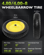 4.80/4.00-8 wheelbarrow tire, 16" Flat Free Solid Tire and Wheel, 2 Pack