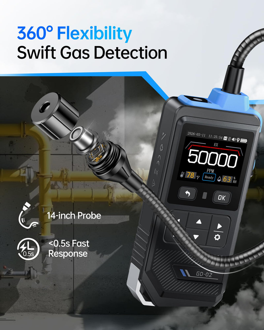 FNIRSI GD-02 Natural Gas Detector, Methane, Propane & Isobutane with 14-Inch Flexible Gooseneck, Combustible Gas Detector for Audible, Visual & Tactile Triple Alarm, Rechargeable Battery