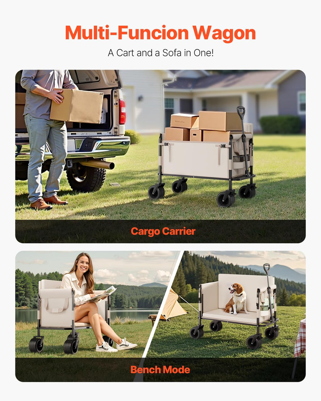 VEVOR 3-in-1 550lbs/220L Large Collapsible Folding Wagon, Convert to Bench, Foldable Beach Wagon with Wheels for Sand, Outdoor Utility Wagon for Groceries, Camping, Sports, Shopping