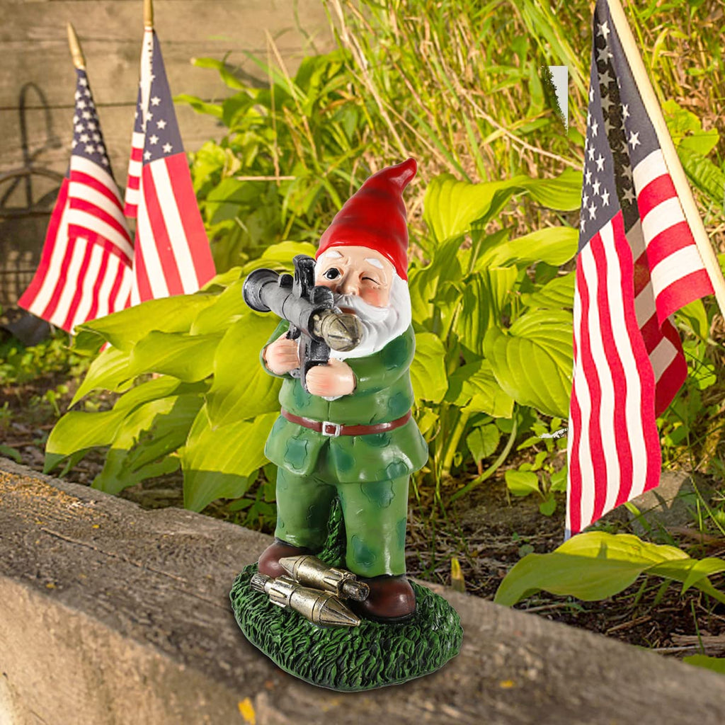 PERFECTOP Solar Military Garden Gnome Statue with RPG, Large War Army Combat Defender Soldier Patriotic Gnome Figurine with Gun, Outdoor Patio Yard Lawn Home Ornament Decor, Valentine's Day Men Gift