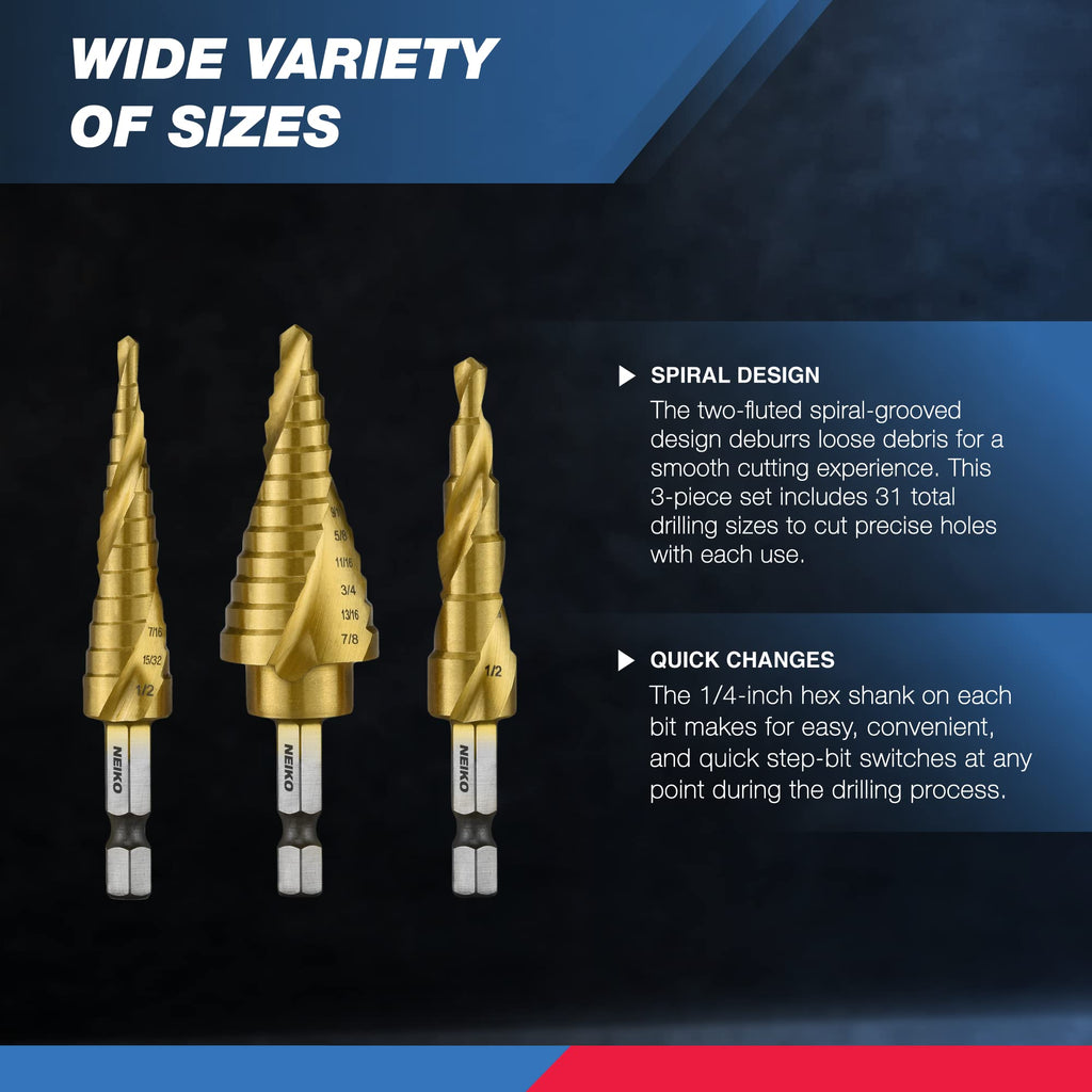 NEIKO 10181A Step Drill Bit Set, 3 Piece, Spiral Grooved for Faster Drilling, Step Bits for Stainless Steel, Metal, Wood, Plastic, Unibit Cone Drill Bits with 31 Step Sizes Total