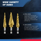 NEIKO 10181A Step Drill Bit Set, 3 Piece, Spiral Grooved for Faster Drilling, Step Bits for Stainless Steel, Metal, Wood, Plastic, Unibit Cone Drill Bits with 31 Step Sizes Total
