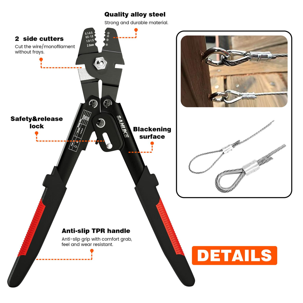 Sanuke Wire Rope Crimping Tool for Aluminum Crimping Loop Sleeves up to 2.0mm, Swager Tool for 3/64 1/16 5/64 inch Stainless Steel Cable Crimper