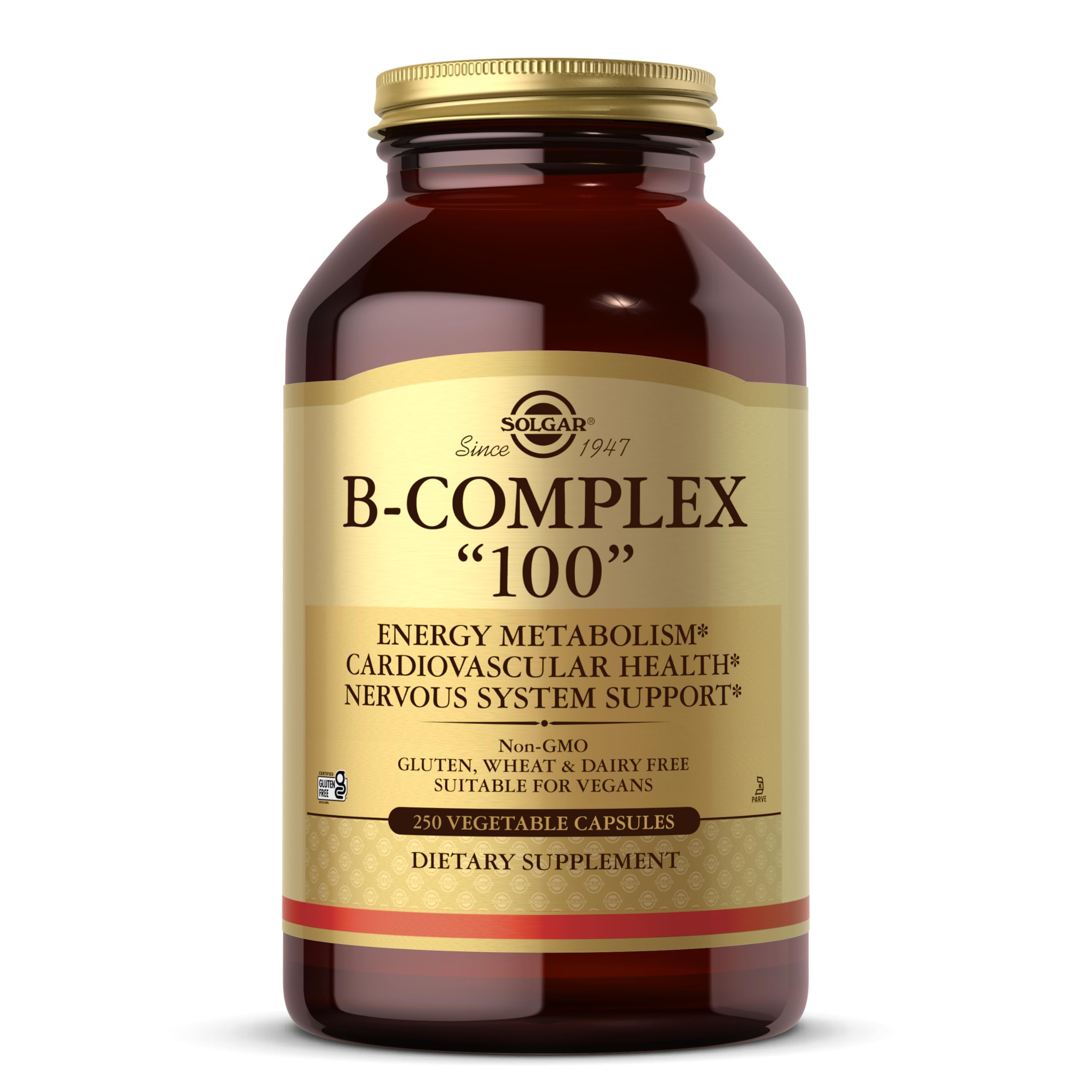 Solgar B-Complex "100", 250 Vegetable Capsules - Nervous System Support - Supports Energy Metabolism - Non-GMO, Vegan, Gluten Free, Dairy Free, Kosher - 250 Servings
