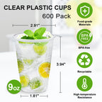 SIUQ 600 Pack 9 oz Plastic Cups, Clear Disposable Plastic Water Cups Bulk
