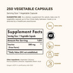 Solgar Taurine 500 mg, 250 Vegetable Capsules - Antioxidant - Brain Health - Amino Acid - Vegan, Gluten Free, Dairy Free, Kosher - 250 Servings