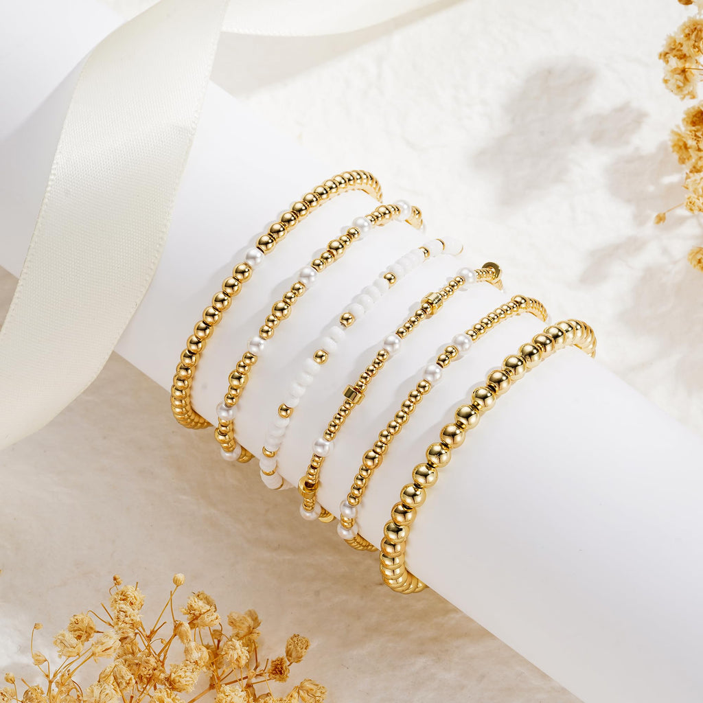 Turandoss 6PCS Gold Beaded Bracelets Set for Women, 14K Gold Plated