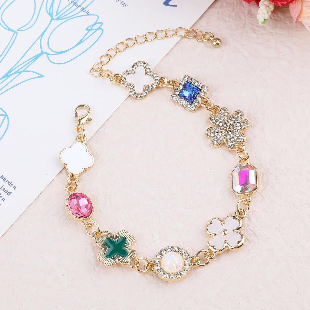Gold Clover Charm Link Bracelet for Women Cute Colorful Geometric Diamond Mother of Pearl Lucky Four Leaf Clover Bracelet Enamel Crystal Rhinestone Statement Bracelet Adjustable Party Jewelry Gift