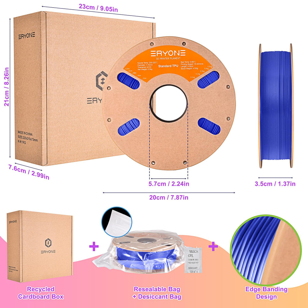 ERYONE TPU Filament 1.75mm +/-0.03mm Flexible TPU Roll, 95A Soft 3D Printer Filament 0.5kg Spool(1.1 lbs), Blue