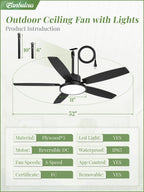 Fanbulous 52'' Outdoor Ceiling Fans with Light and Remote,IP65 Wet Rated Waterproof Ceiling Fan with 6-Speed DC Motor, Farmhouse Gazebo Fan for Porch Patios Pavilion(Black)