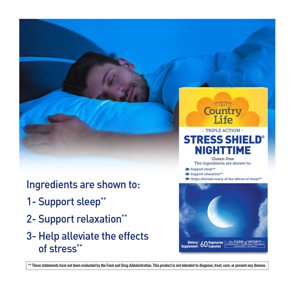 Country Life Stress Shield Nighttime – Stress & Relaxation Support Supplement – Sensoril® Ashwagandha, GABA & L-Theanine – Magnesium & Vitamin B5 – Gluten Free, Vegan – 60 Vegetarian Capsules