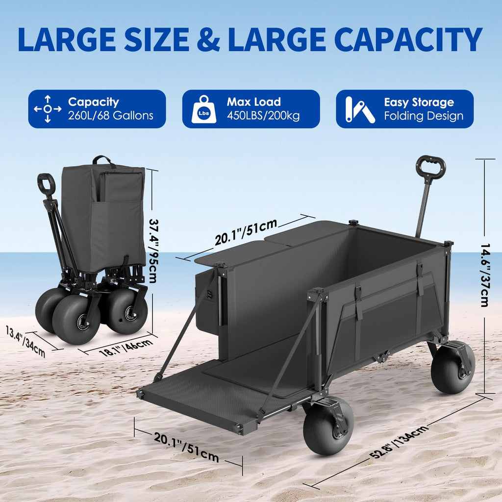 Beach Wagon with Big Wheels for Sand - 450lbs Load Heavy Duty Wagons Carts Foldable with 9" All Terrain Inflatable Tires, Collapsible Beach Cart for Grocery Shopping Garden Sports Camping Outdoor