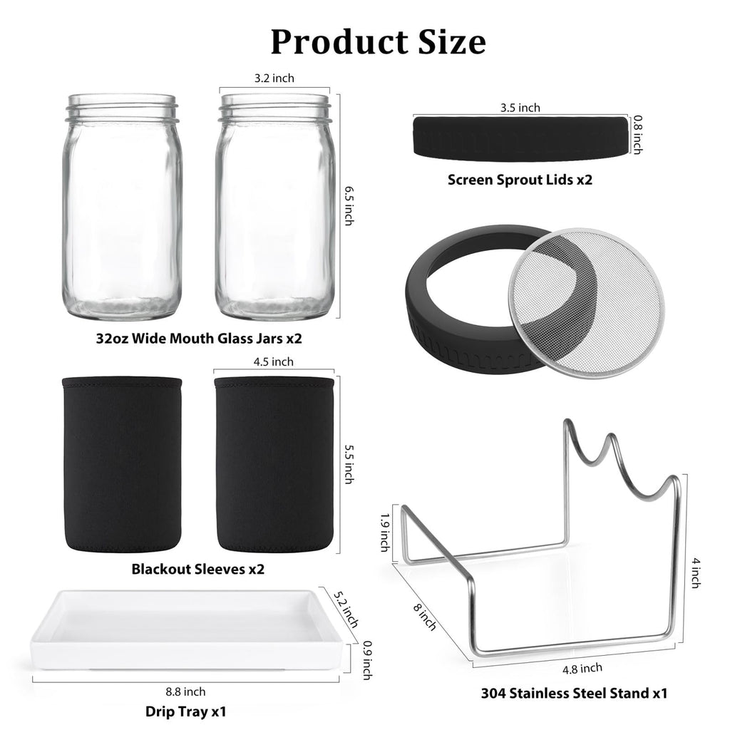 Kitmiido Organic Seed Sprouting Jar Kit – 2 × 32 oz Wide-Mouth Mason Jars with Stainless-Steel Sprouter Lids & Stand, Blackout Sleeves, Drain Tray – Grow Broccoli, Alfalfa & Bean Microgreens