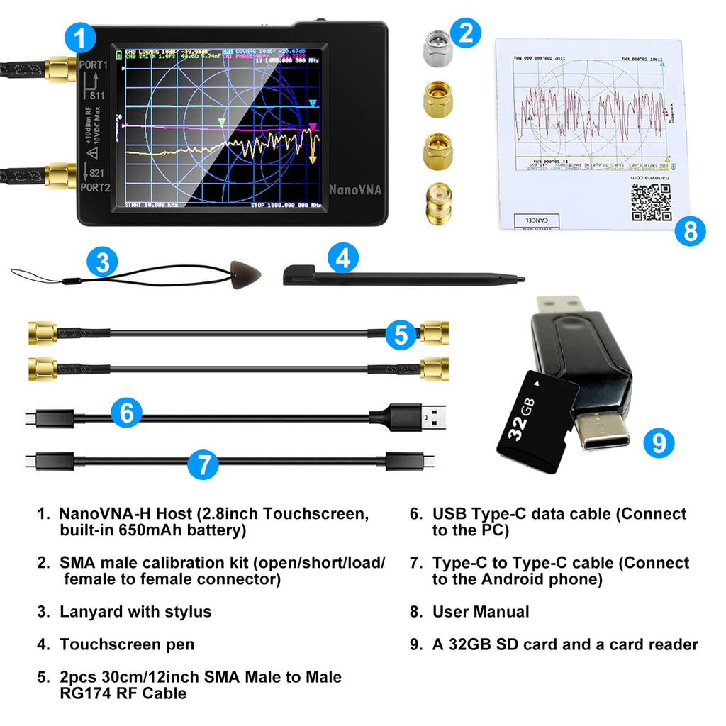 [Upgraded] AURSINC NanoVNA-H Vector Network Analyzer Latest HW Version 3.7, 9KHz -1.5GHz Antenna Analyzer with 32GB SD Card Support Data Storage, Measuring S Parameters, SWR, Phase, Delay, Smith Chart