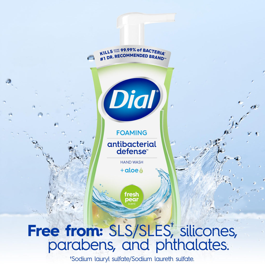 Dial Antibacterial Defense Foaming Hand Soap + Aloe, Fresh Pear Scent, 7.5 Fl Oz (Pack of 6), Dermatologist-Tested Hand Wash, Gentle on Skin