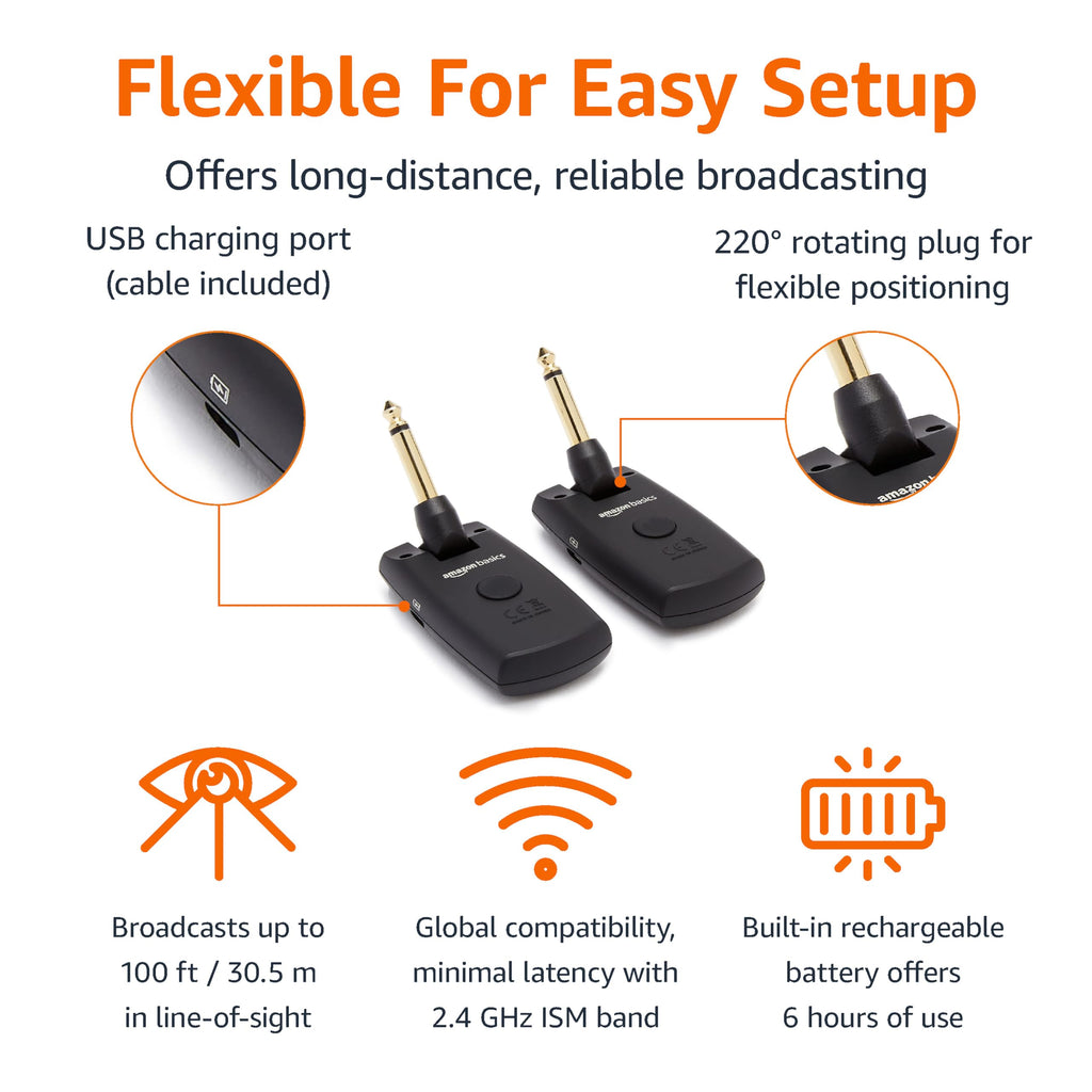 Amazon Basics Digital Wireless Guitar System Transmitter/Receiver with Rechargeable Batteries, Black