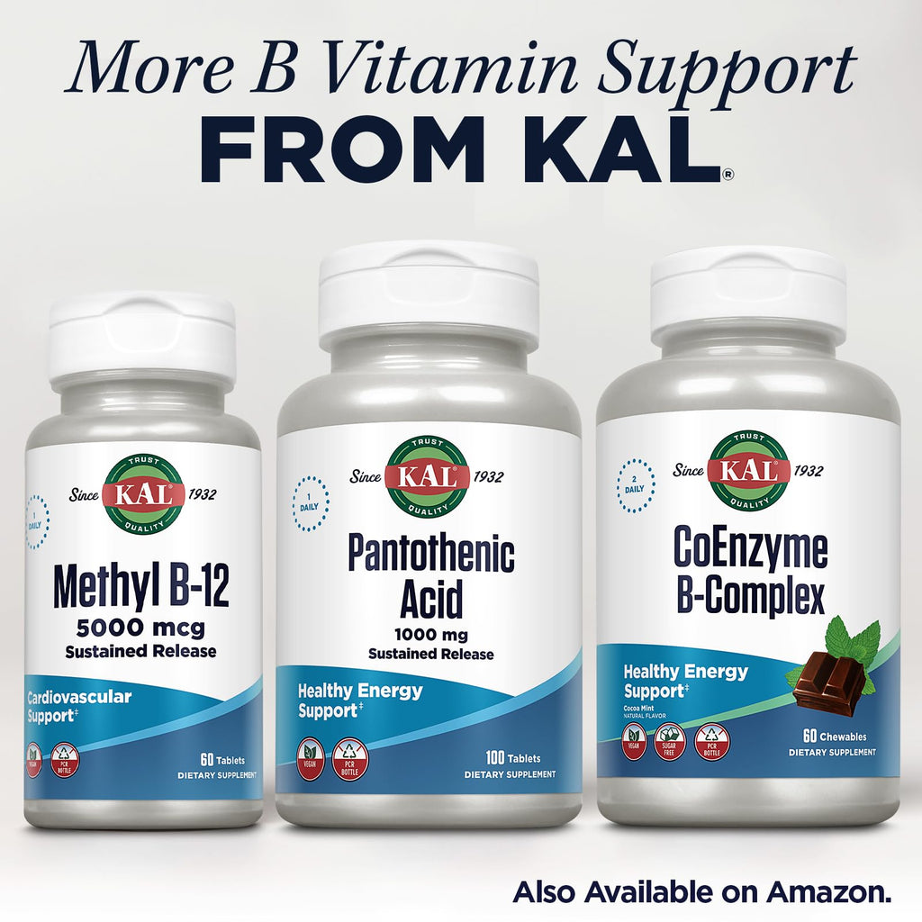 KAL Pantothenic Acid 1000mg Supplement for Men & Women - Vitamin B5 1000 mg, Supports Cellular Energy Metabolism, Nerve Function, Sustained Release, Vegan - 100 Tablets