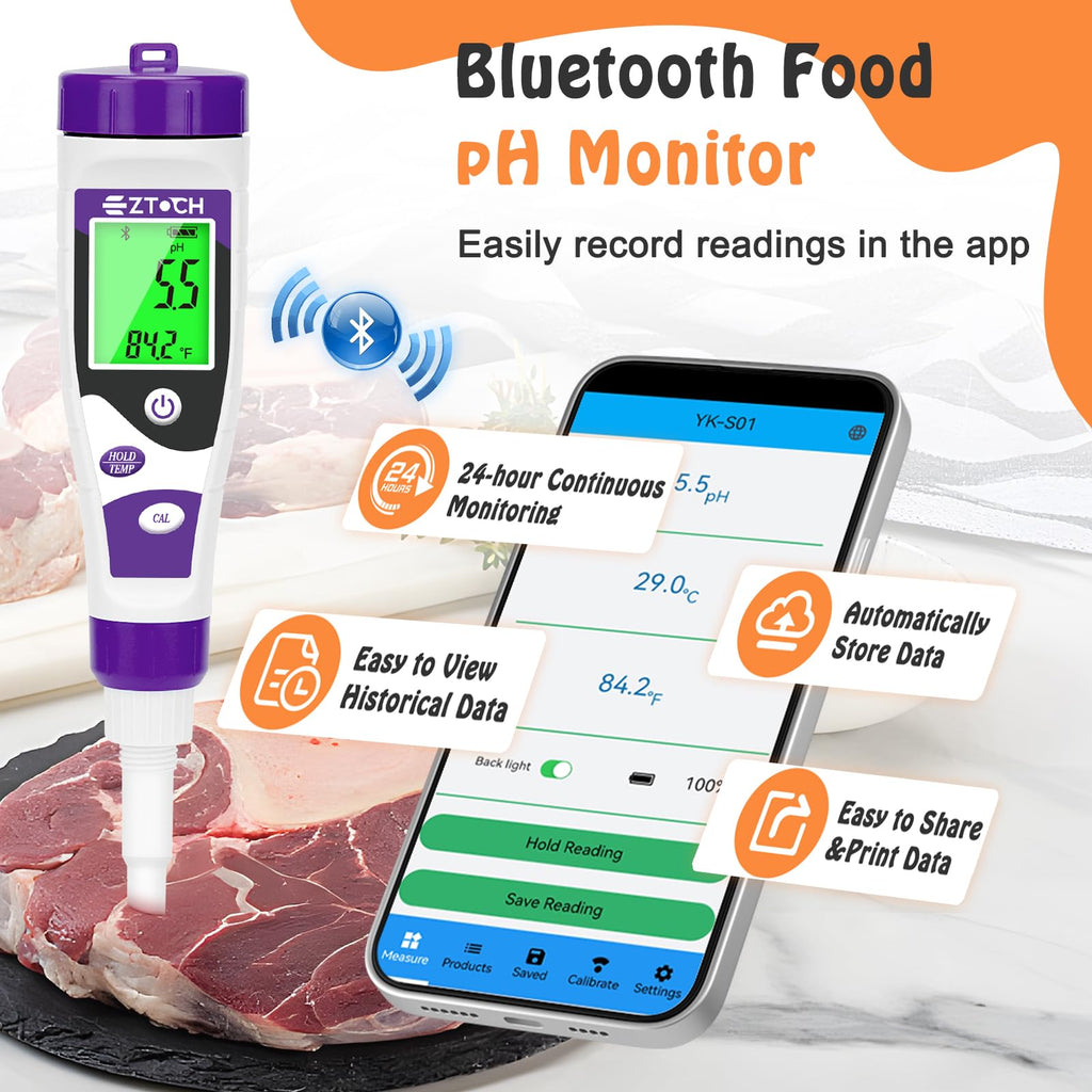 EZTOCH Food pH Meter, Digital pH Meter for Food Fermentation Canning Cooking, Smart Sourdough pH Tester for Bread Cheese Sauces, Measure pH in Water, Brewing, Meat, Sausages, Pickles, Sushi Rice