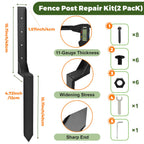 Fence Post Repair Kit, Thickened Heavy Duty Fence Post Anchor Stakes for Repair Tilted, Broken Wood Posts Support (Black, 2 Pack)