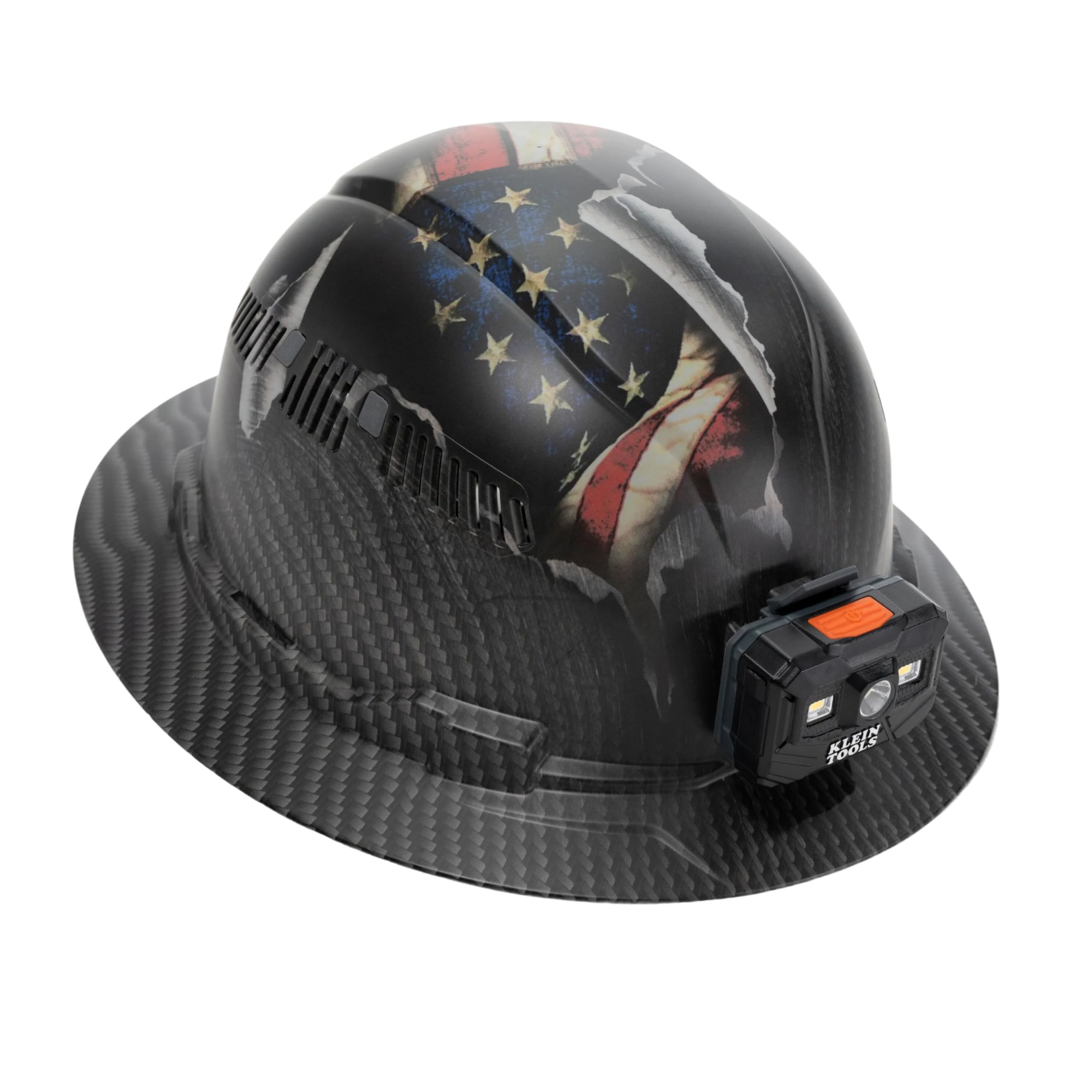 Klein Tools 60347FS Hard Hat, Vented Full Brim, Class C, Premium KARBN Freedom Series Pattern, Rechargeable Lamp, Padded Sweat-Wicking Sweatband, Top Pad