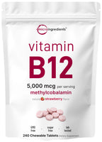 Micro Ingredients Vitamin B12 5,000 mcg | Methylcobalamin – 240 Chewable Tablets | Fast Dissolve, Natural Strawberry Flavor | Vegan, Non-GMO, Gluten Free