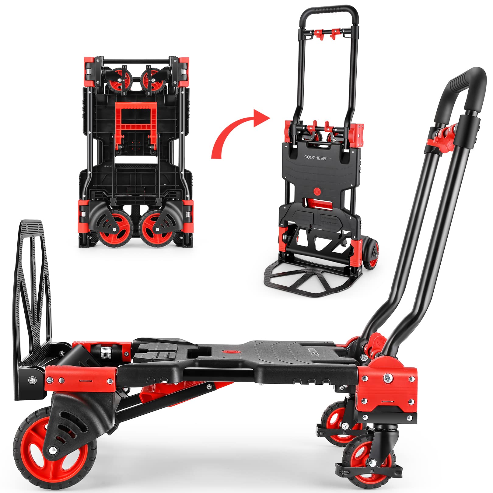 330LB Folding Hand Truck Heavy Duty Carrying, Combination of Four Wheels and Two Wheels Convertible Dolly Cart with Retractable Handle Dolly for Moving Office Carts.